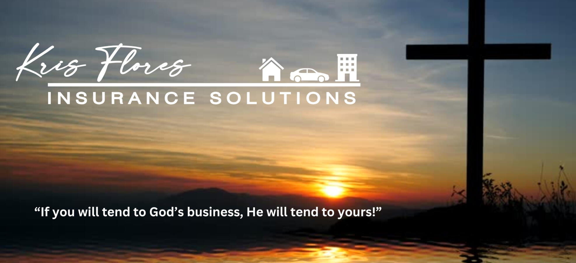 Kris Flroes Insurance Solutions header. Decorative image with Logo with the Kris Flores Insurance Solutions with a graphic of Home, Car and Office building