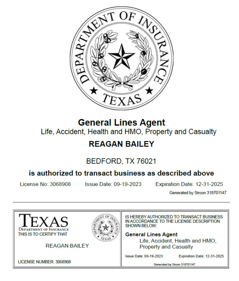 Reagan Bailey Dept of Insurance Department of Texas Insurance certificate for Reagan Bailey as a general Lines Agent