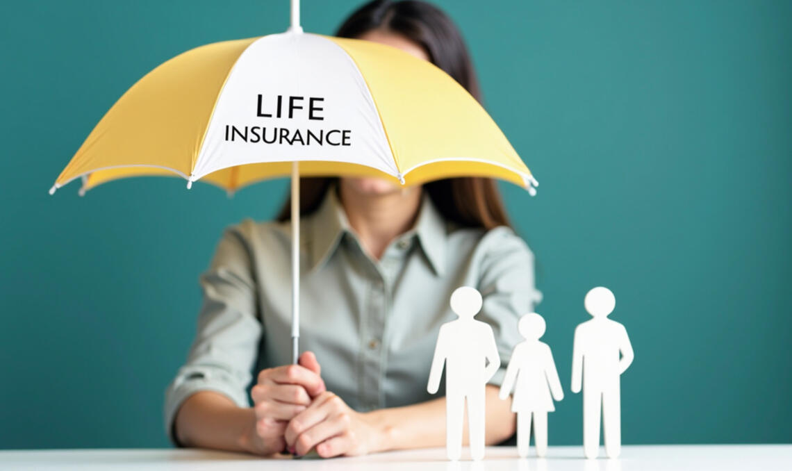 Kris Fores Owner of Kris Flores Insurance Solutions LLC An Insurance broker sat at a desk holding a yellow and white umbrella with the words life insurance printed on it.