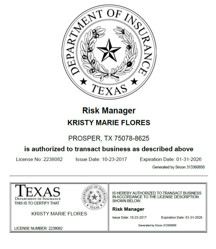 Kris Flores Risk Department of Texas Insurance certificate for Kris Flores as a Risk Manager.