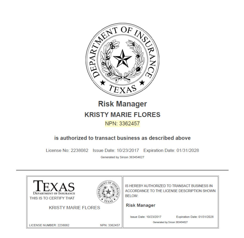 Kris Flores Risk Department of Texas Insurance certificate for Kris Flores as a Risk Manager.