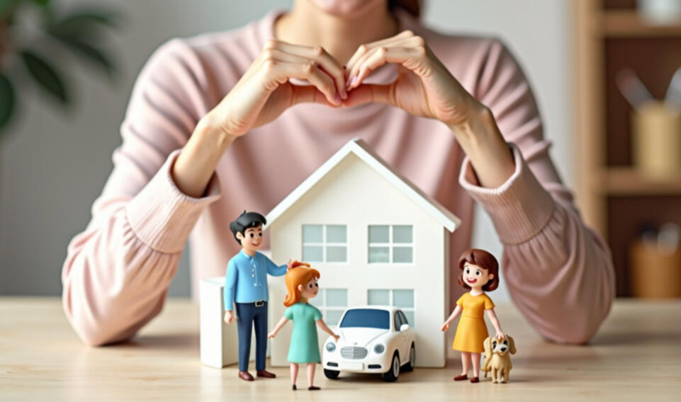 Kris Fores Owner of Kris Flores Insurance Solutions LLC A female insurance broker sat at a desk wearing a pink top, with her arms on the table and hands in a heart shape simulating the protection of a model house, car and family on the desk.