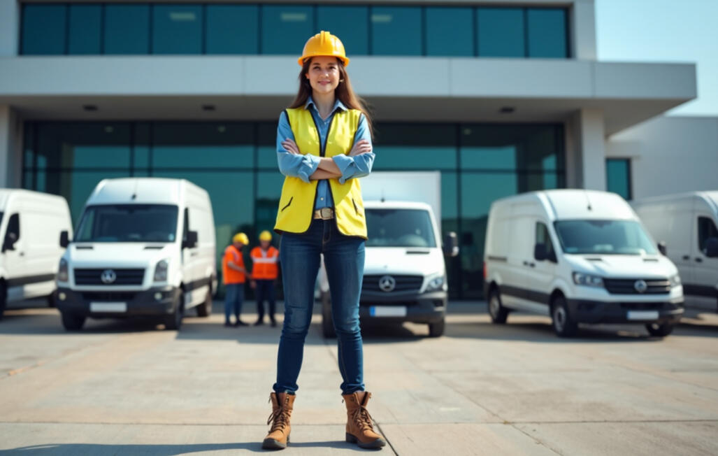 Kris Fores Owner of Kris Flores Insurance Solutions LLC a woman wearing safety jacket and hat standing with her arms folded in from of a commercail warehouse with trucks parked behind her
